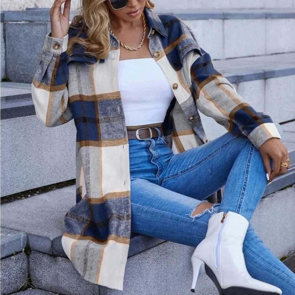 Classic Elegant Plaid Button Up Drop Shoulder  Shirt Top - Picture 2 of 6